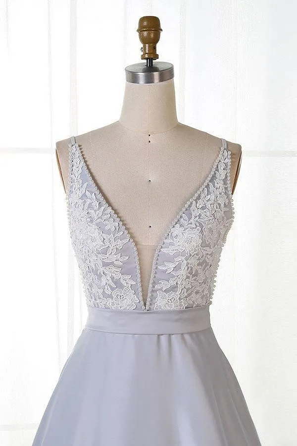 A-Line V-Neck Sweep Train Grey Satin Prom Dress with Appliques PG806