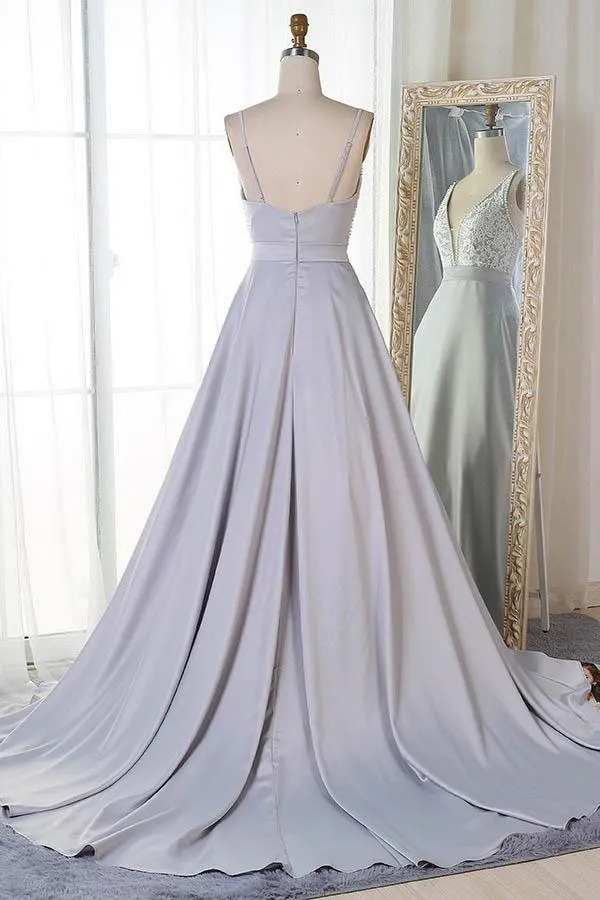 A-Line V-Neck Sweep Train Grey Satin Prom Dress with Appliques PG806