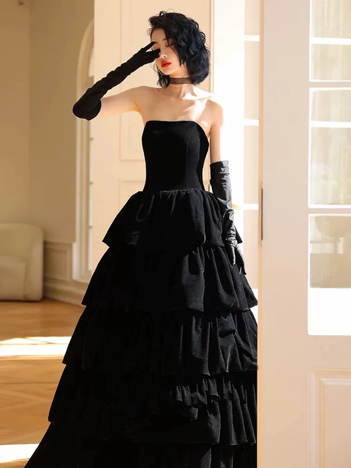 Black Velvet Layers Strapless Long A-line Prom Dress, Black Velvet Formal Dress