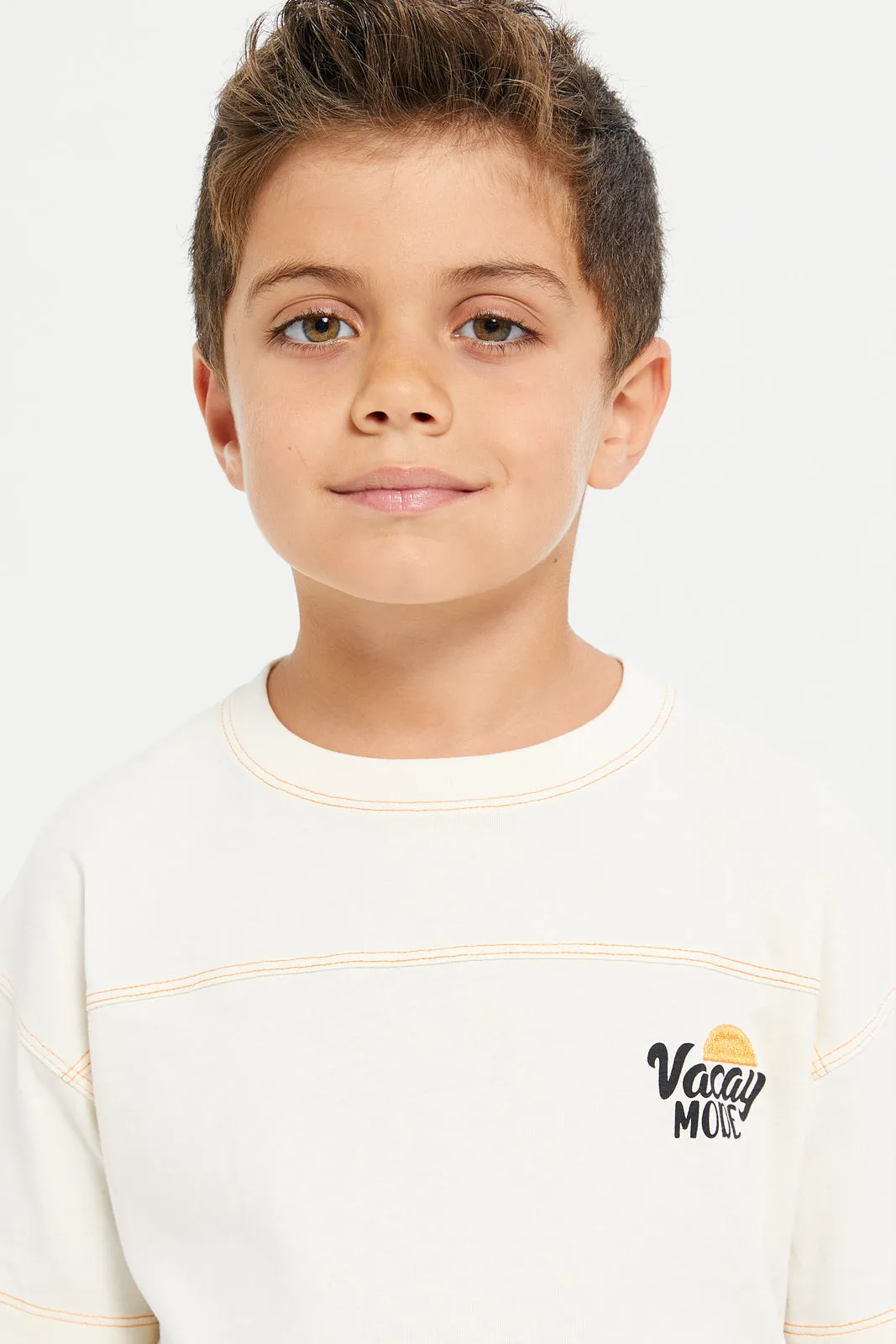 Boys Beige Embroidered T-Shirt