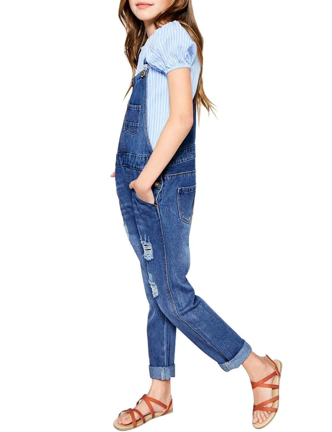 Dark Blue Cuffed Hem Distressed Girls' Denim Jeans Overall