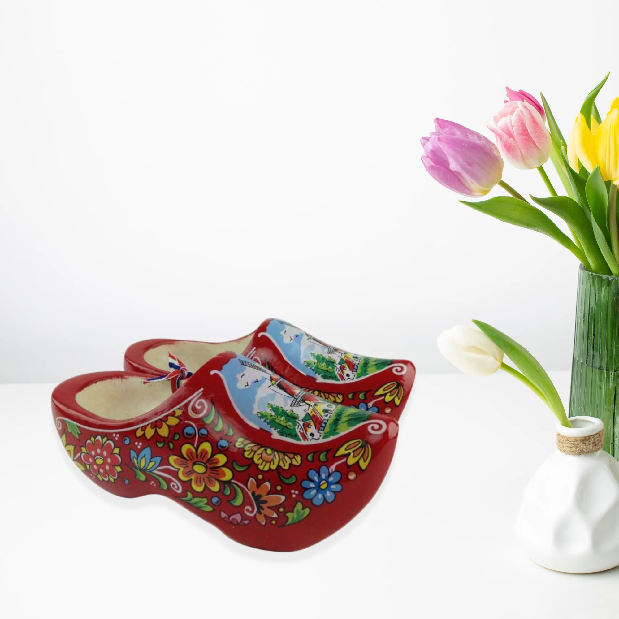 Decorative Dutch Shoe Clogs w/ Windmill Design Red- 4.25"