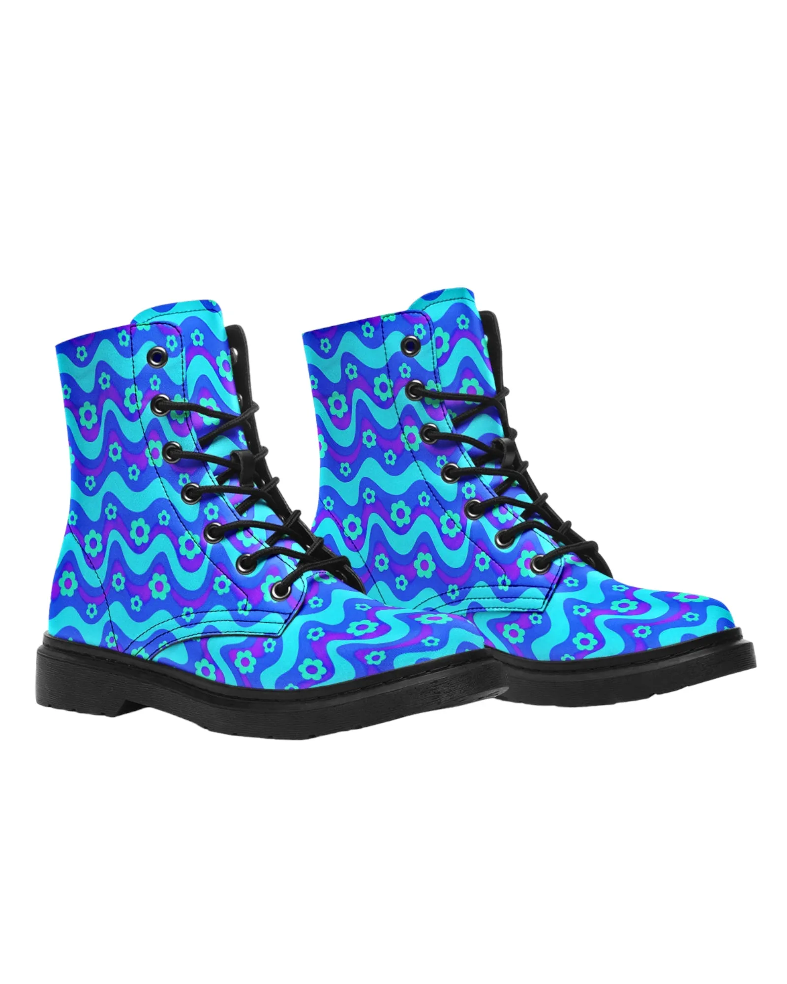 Flower Power Blue Combat Festival Boots