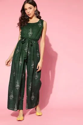 Green Cotton Sleeveless Ethnic Motifs Jumpsuit