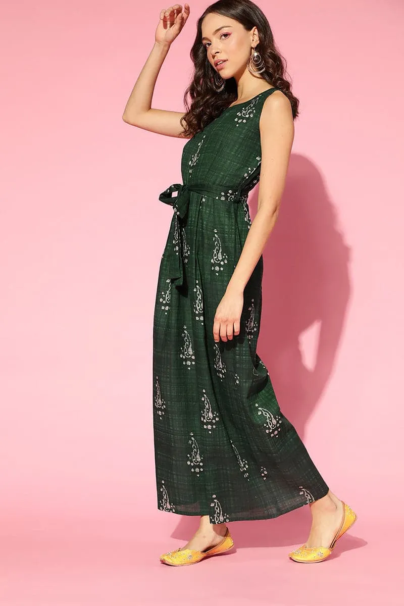 Green Cotton Sleeveless Ethnic Motifs Jumpsuit