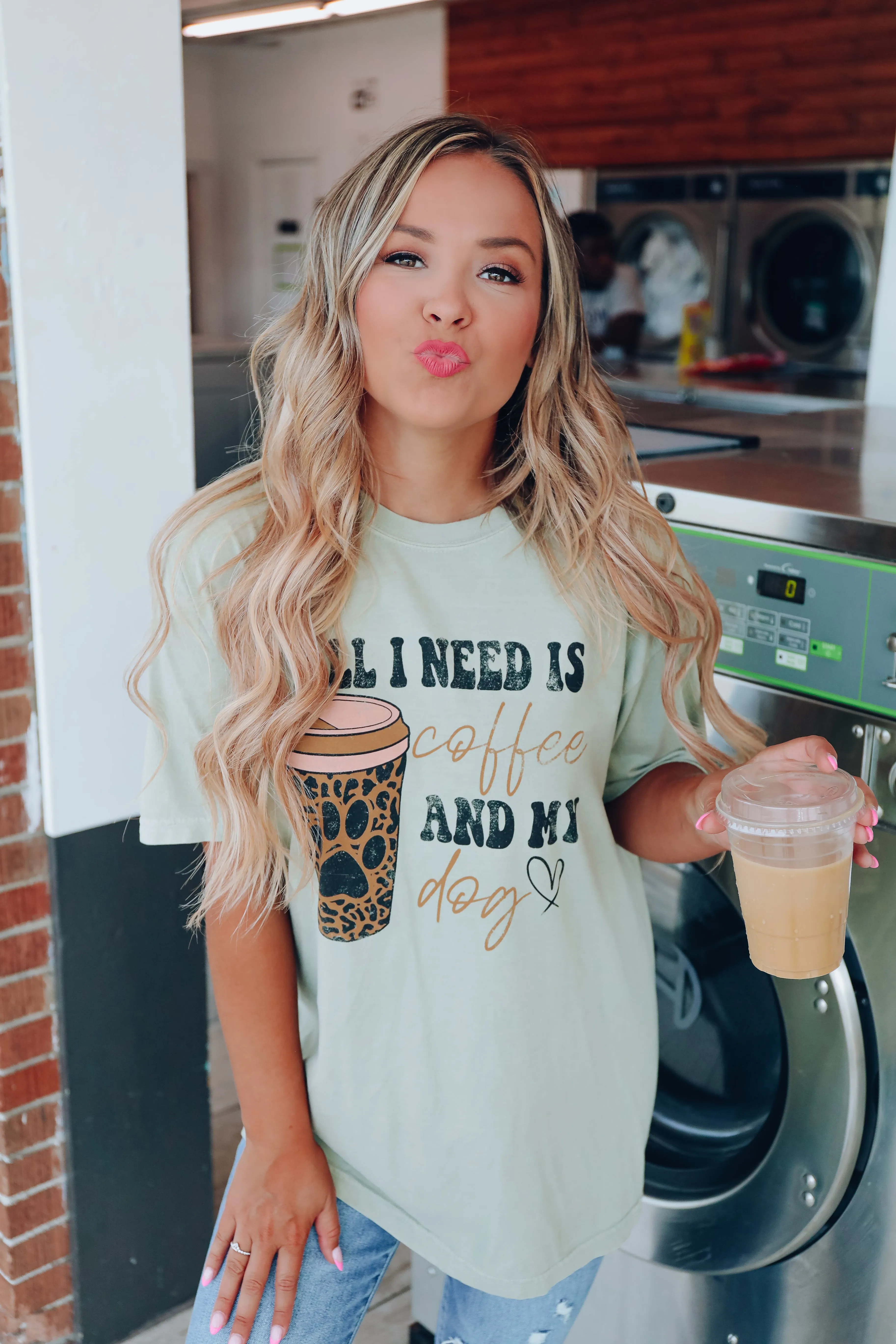 I Need Coffee And My Dog Graphic Tee - Sage