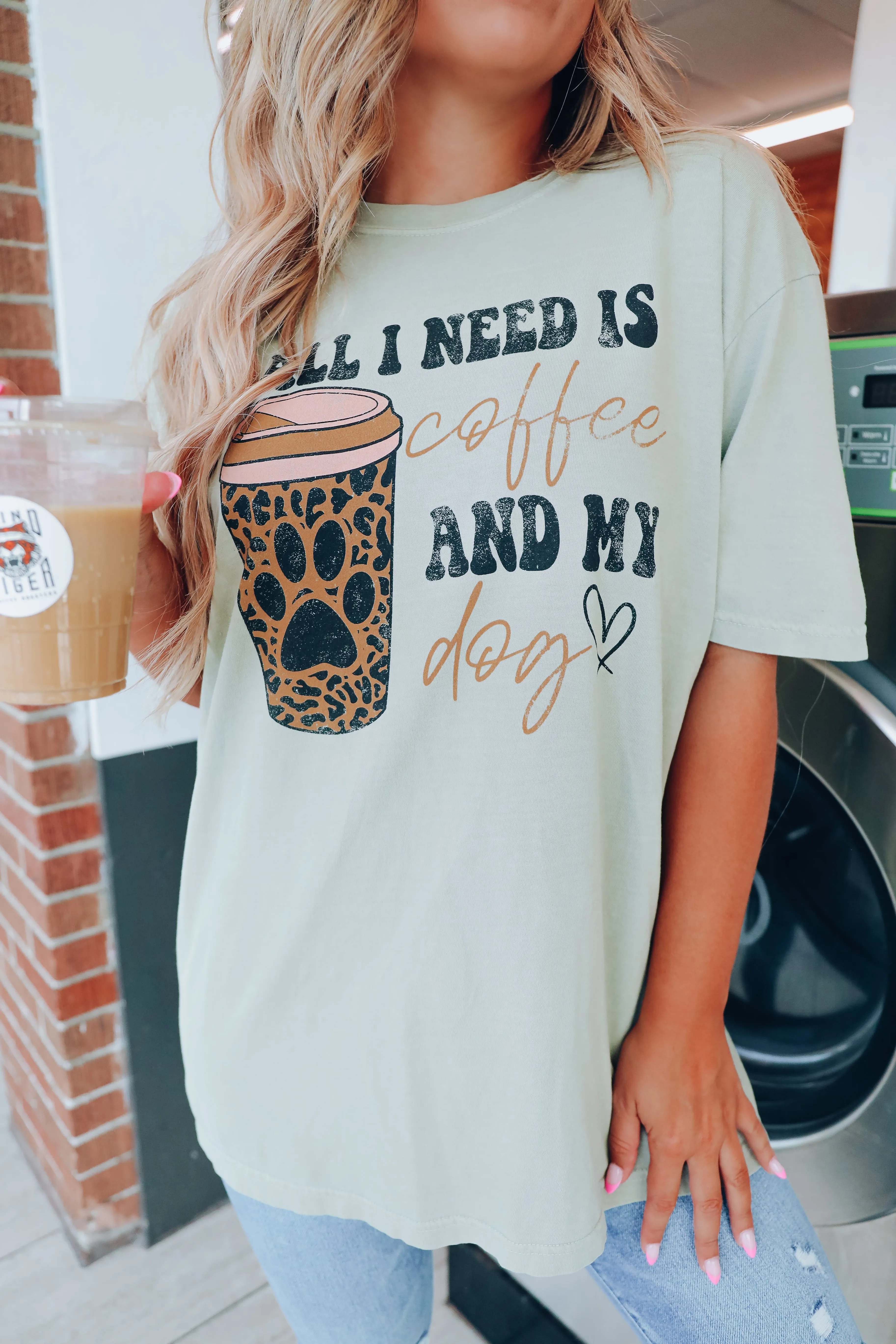 I Need Coffee And My Dog Graphic Tee - Sage