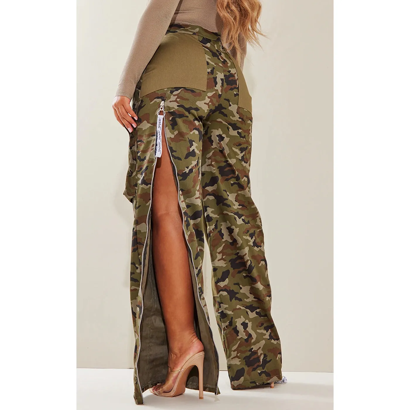 Khaki Zip Detail Camo Wide Leg Trousers