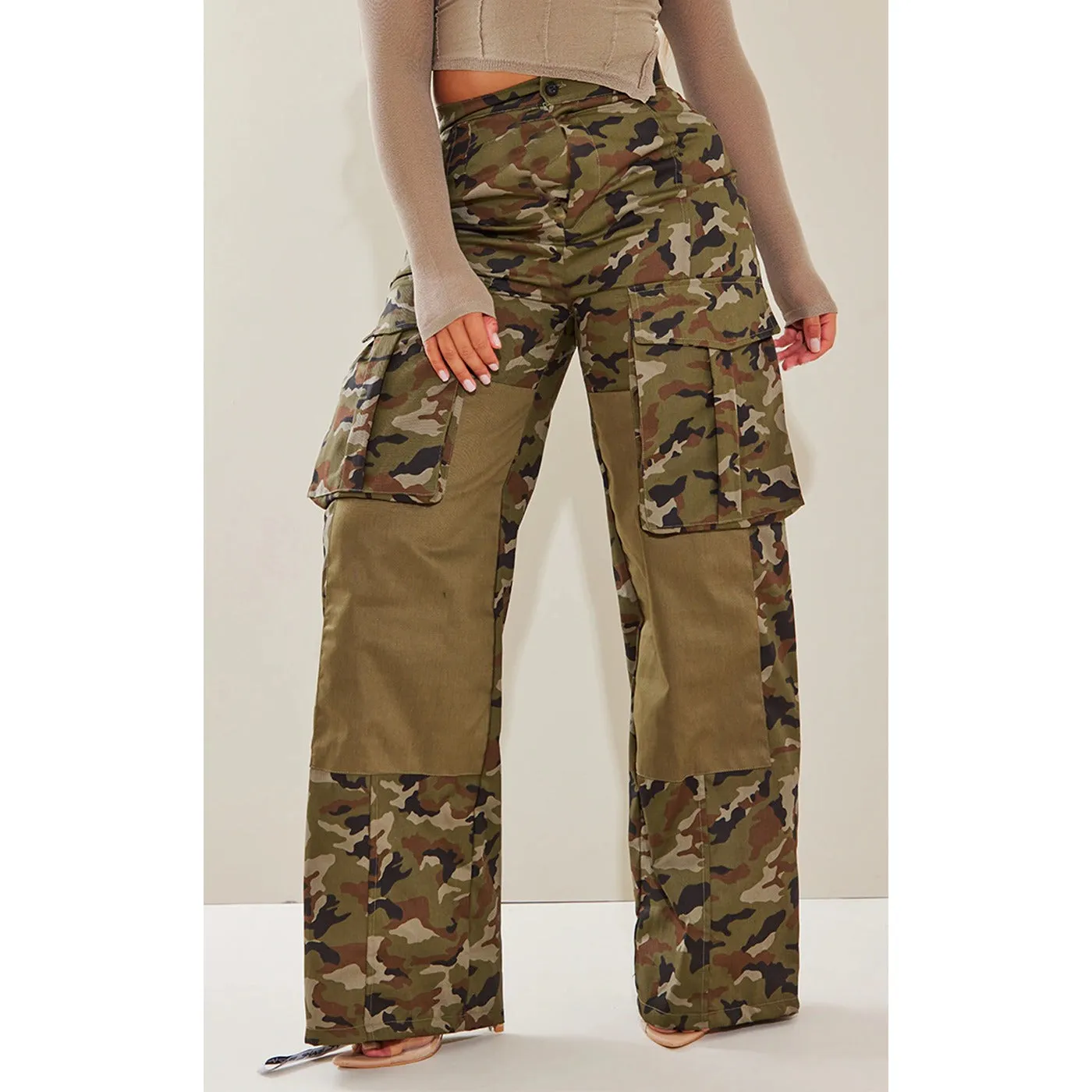 Khaki Zip Detail Camo Wide Leg Trousers