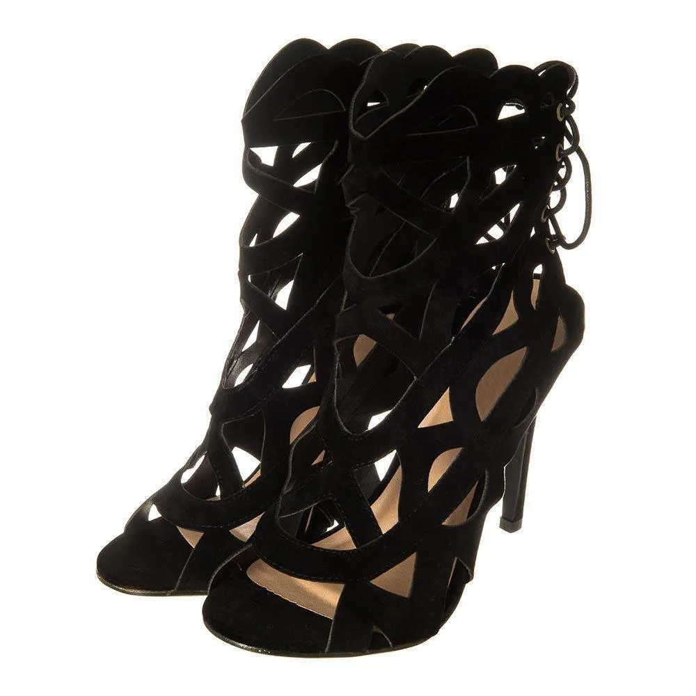 Lace Up Back Scallop Top High Heel Open Toe Shoe