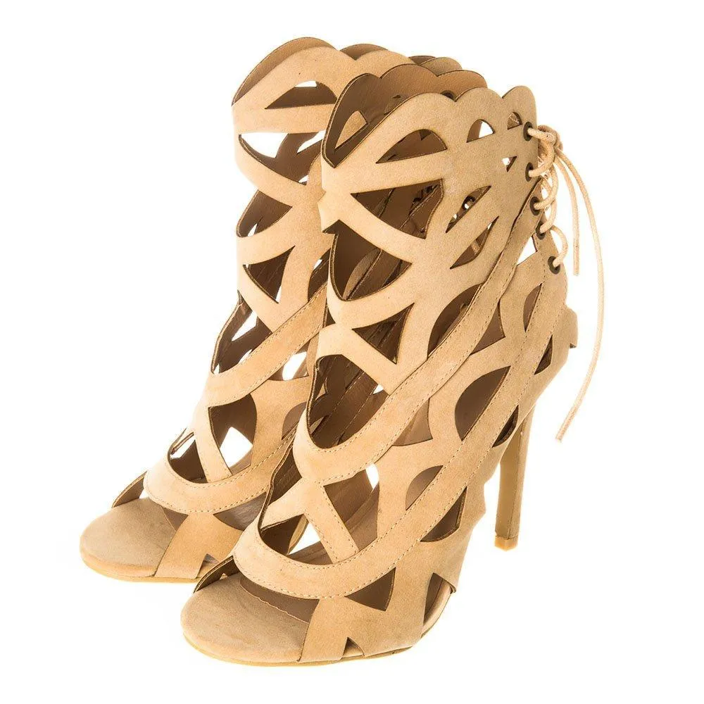 Lace Up Back Scallop Top High Heel Open Toe Shoe