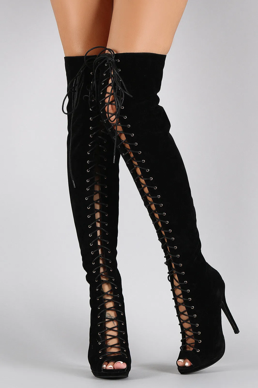 Liliana Peep Toe Lace Up Stiletto Thigh High Boot