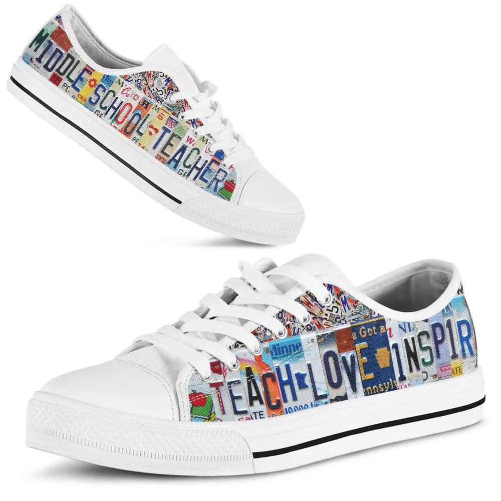 Middle School Teacher Inspire License Plates Low Top Shoes, Teacher Shoes, Low Top Sneakers