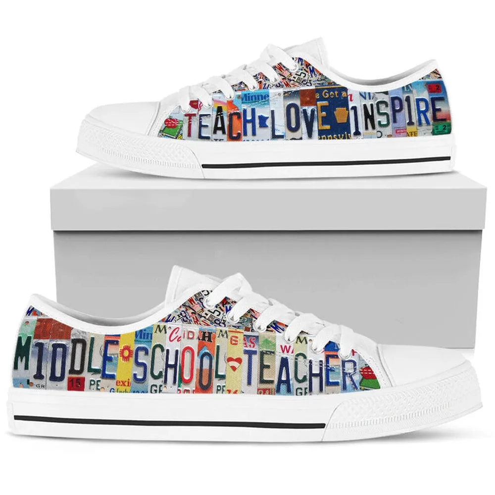 Middle School Teacher Inspire License Plates Low Top Shoes, Teacher Shoes, Low Top Sneakers