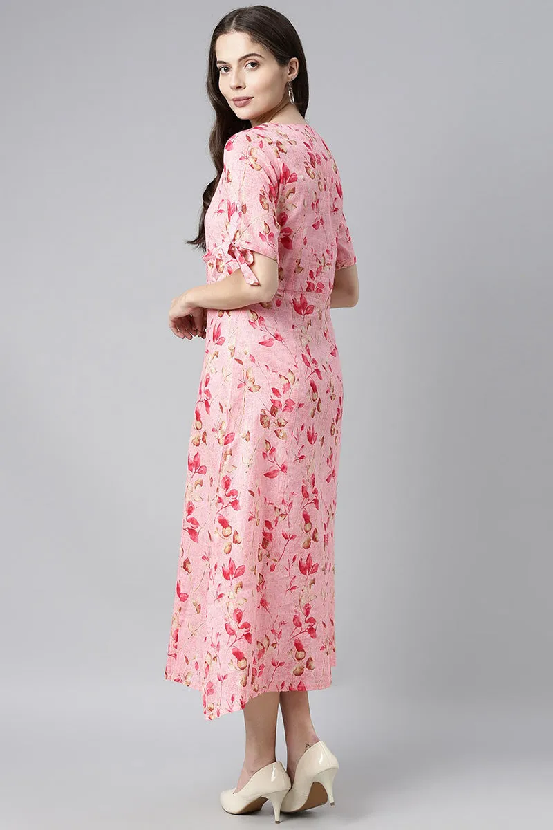 Pink Cotton Floral Printed A-Line Midi Dress