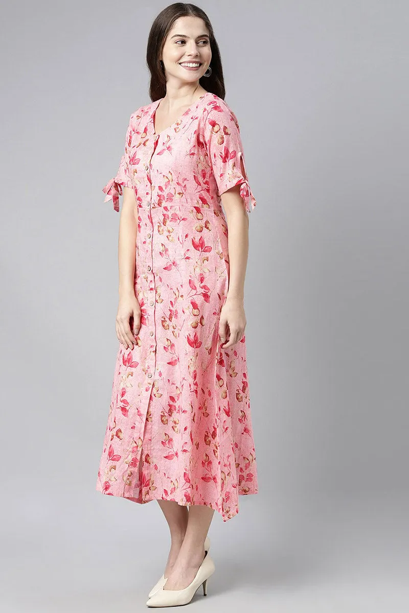 Pink Cotton Floral Printed A-Line Midi Dress