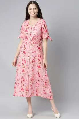 Pink Cotton Floral Printed A-Line Midi Dress