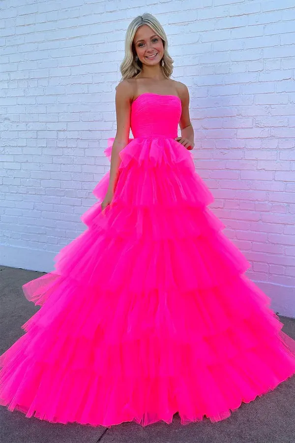 Princess Strapless Tiered Tulle Hot Pink Long Prom Dress PSK603