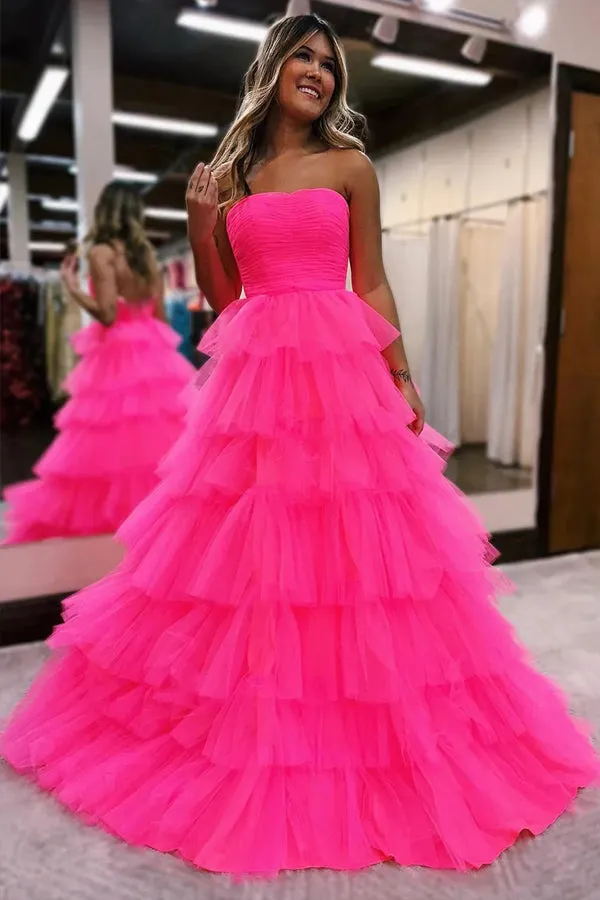 Princess Strapless Tiered Tulle Hot Pink Long Prom Dress PSK603