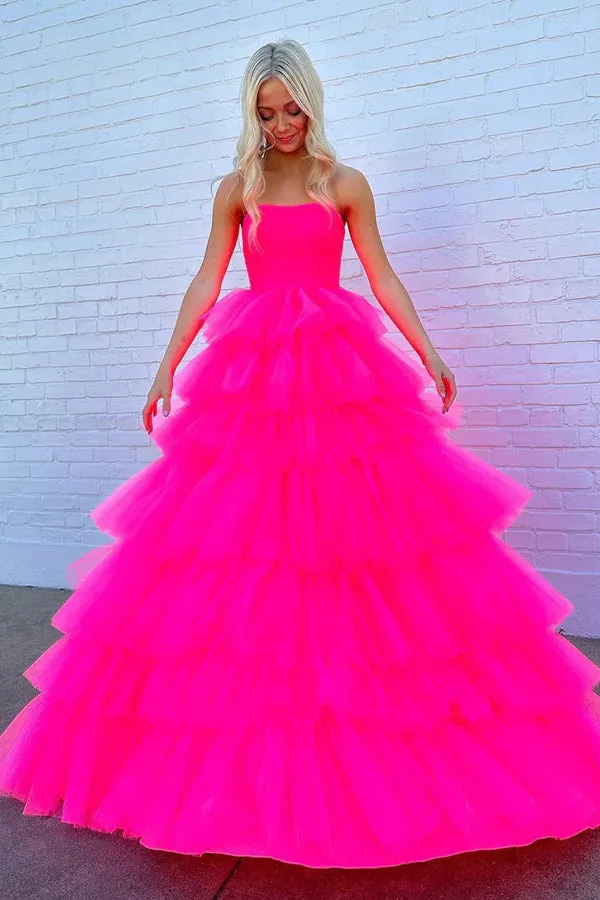 Princess Strapless Tiered Tulle Hot Pink Long Prom Dress PSK603