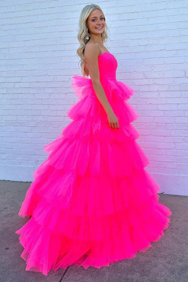 Princess Strapless Tiered Tulle Hot Pink Long Prom Dress PSK603