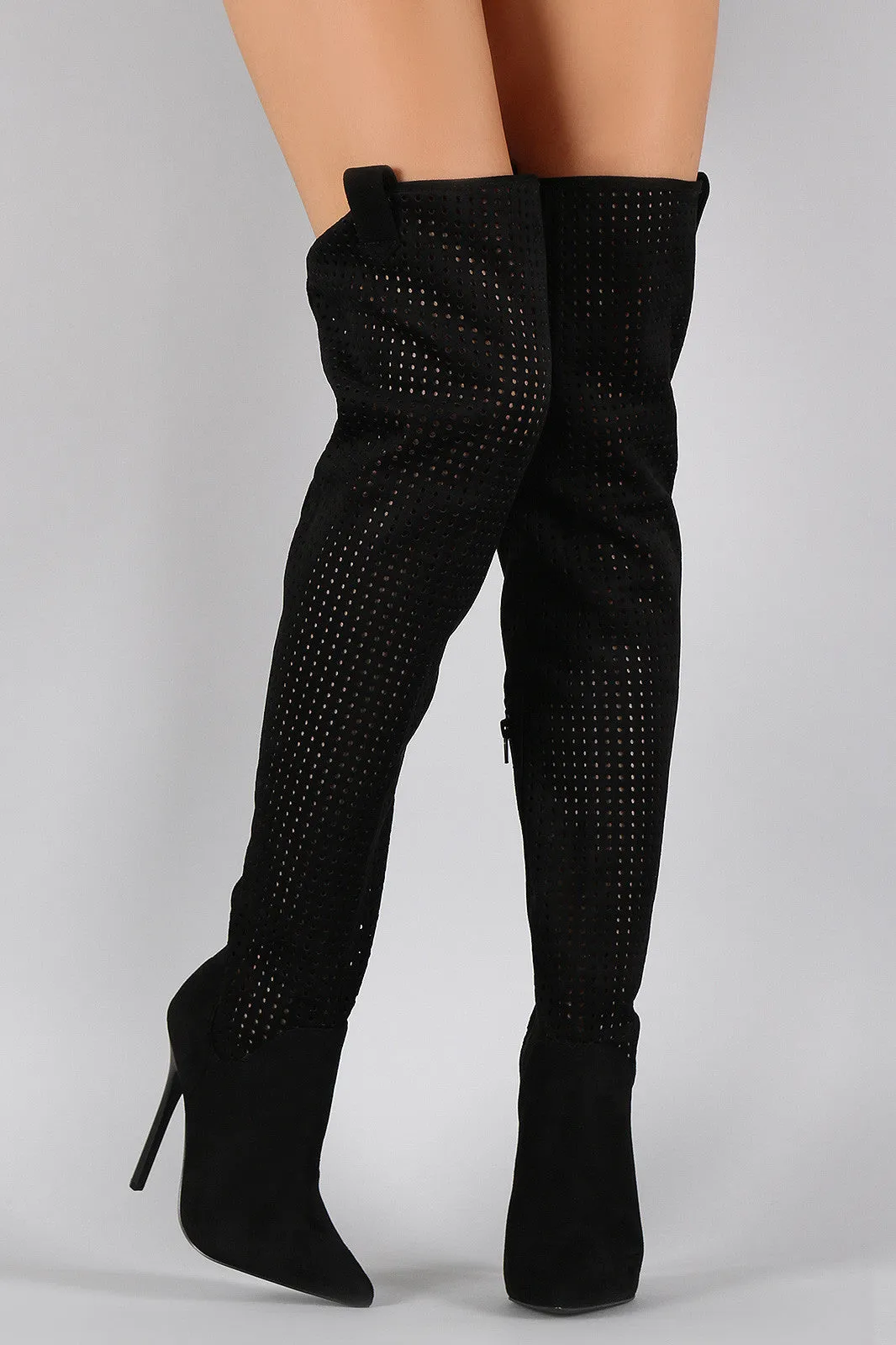 Privileged Suede Perforated Pointy Toe Stiletto Thigh High Boot