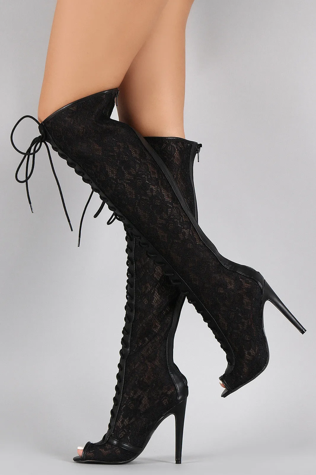 Qupid Floral Lace Stiletto Thigh High Lace Up Boot