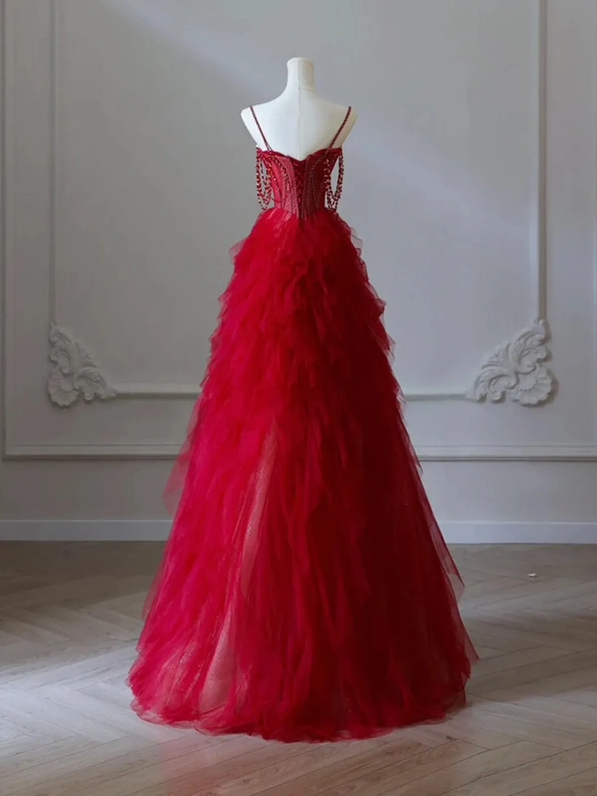 Red Sweetheart Tulle Layers Beaded Straps Prom Dress, Red Floor Length Party Dress