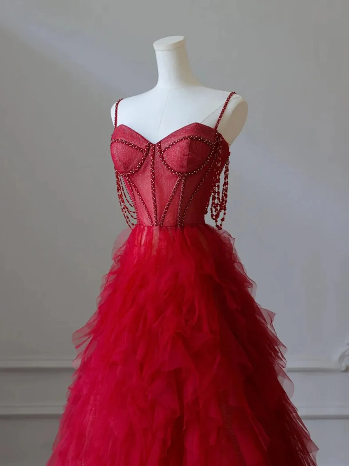 Red Sweetheart Tulle Layers Beaded Straps Prom Dress, Red Floor Length Party Dress