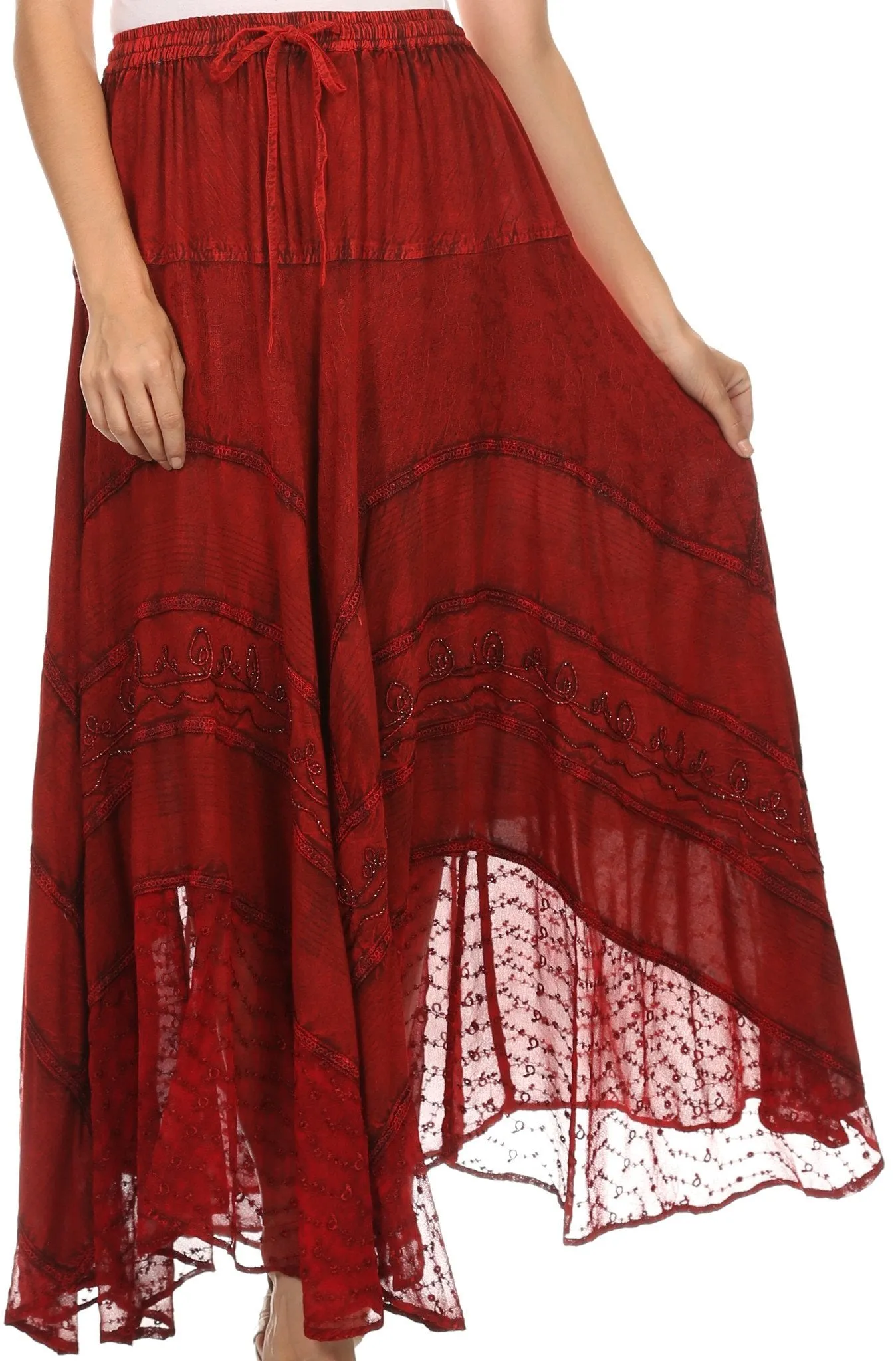 Sakkas Hailes Long Tall Wide Silver Embroidered Batik Adjustable Waist Skirt