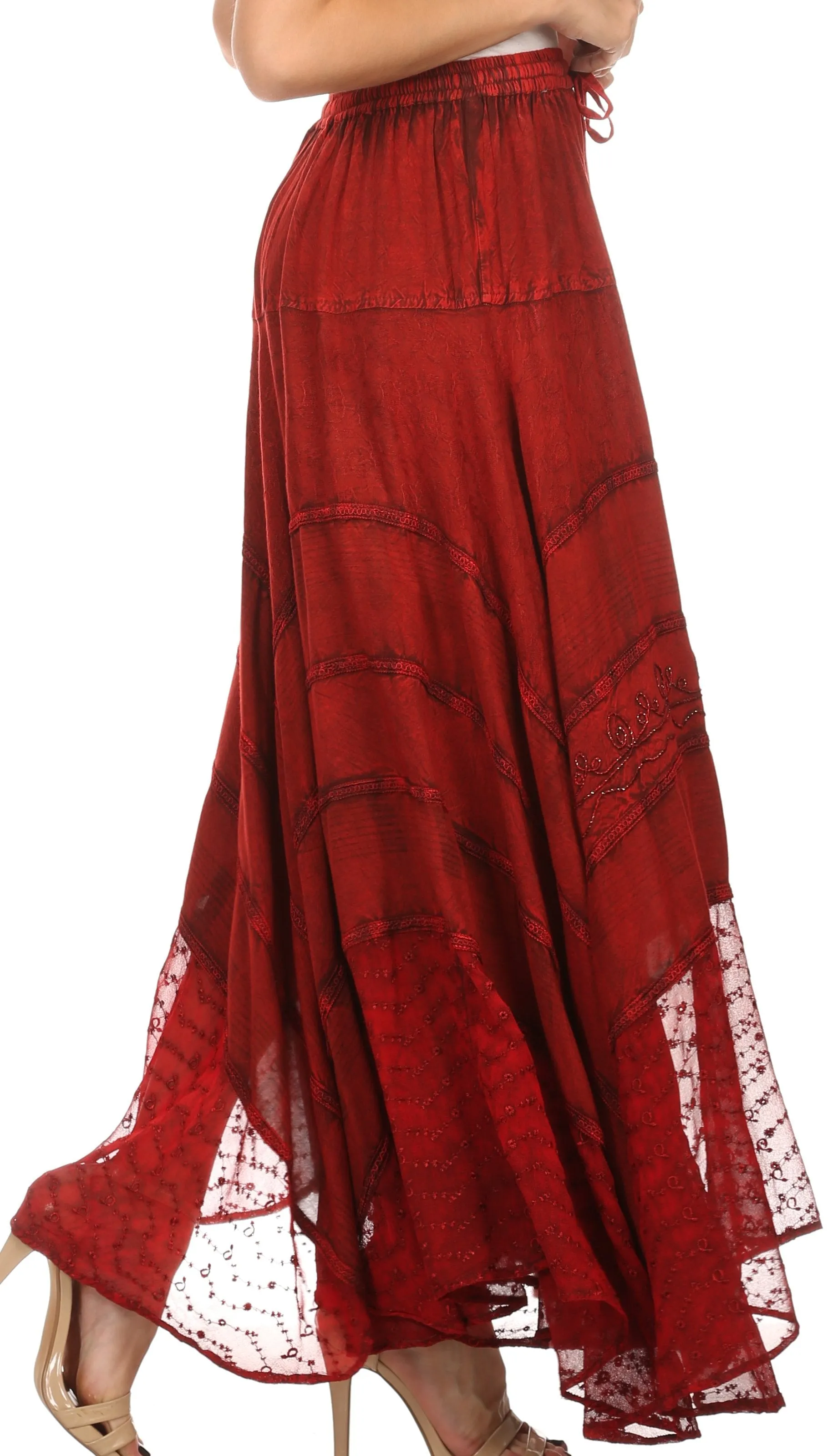 Sakkas Hailes Long Tall Wide Silver Embroidered Batik Adjustable Waist Skirt