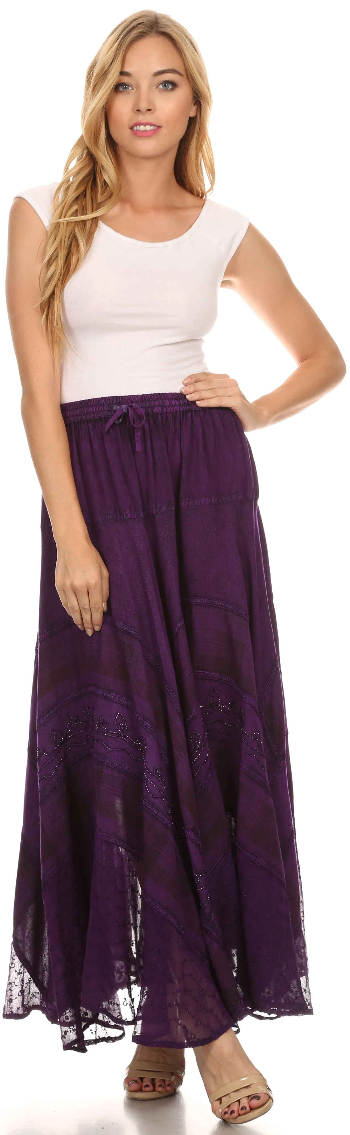 Sakkas Hailes Long Tall Wide Silver Embroidered Batik Adjustable Waist Skirt