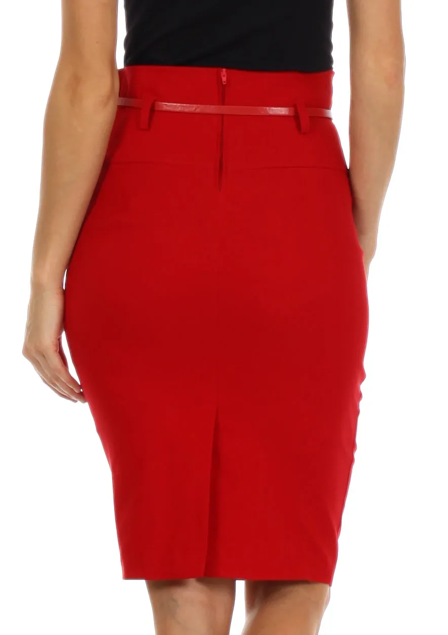 Sakkas High Waist Stretch Pencil Skirt with Metallic Bow Skinny Belt