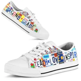 Second Grade Inspire License Plates Low Top Shoes, Teacher Shoes, Low Top Sneakers