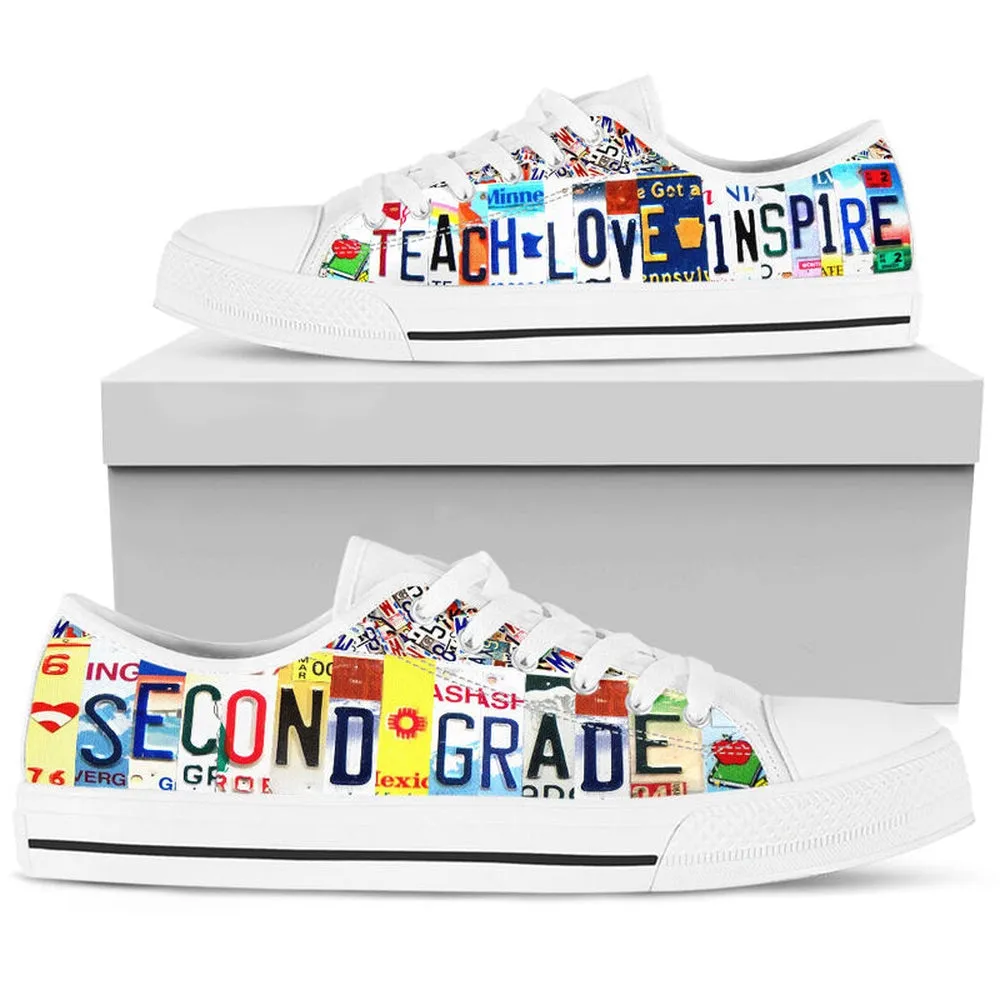 Second Grade Inspire License Plates Low Top Shoes, Teacher Shoes, Low Top Sneakers