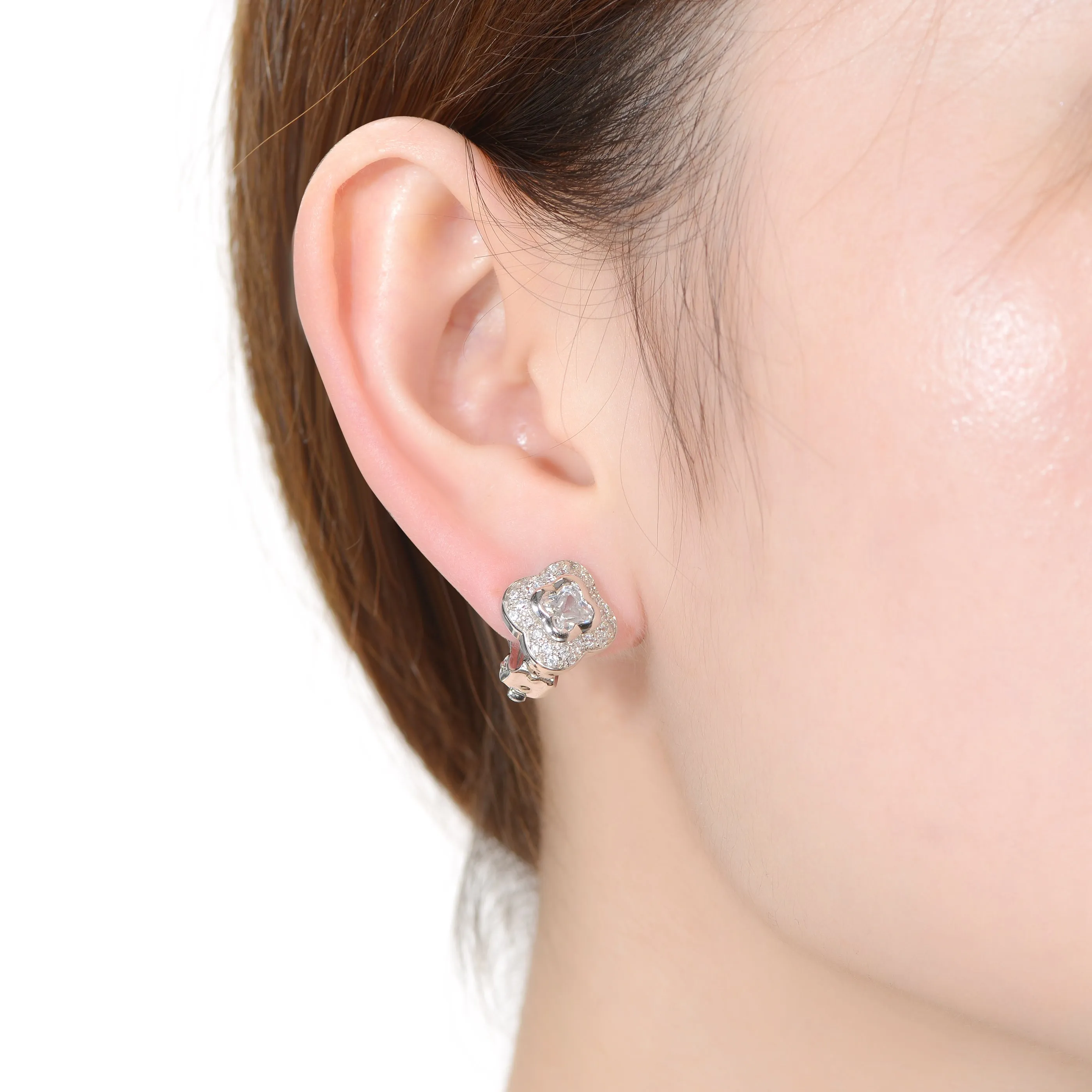 Sterling Silver Clover-Shaped Cubic Zirconia Stud Earrings