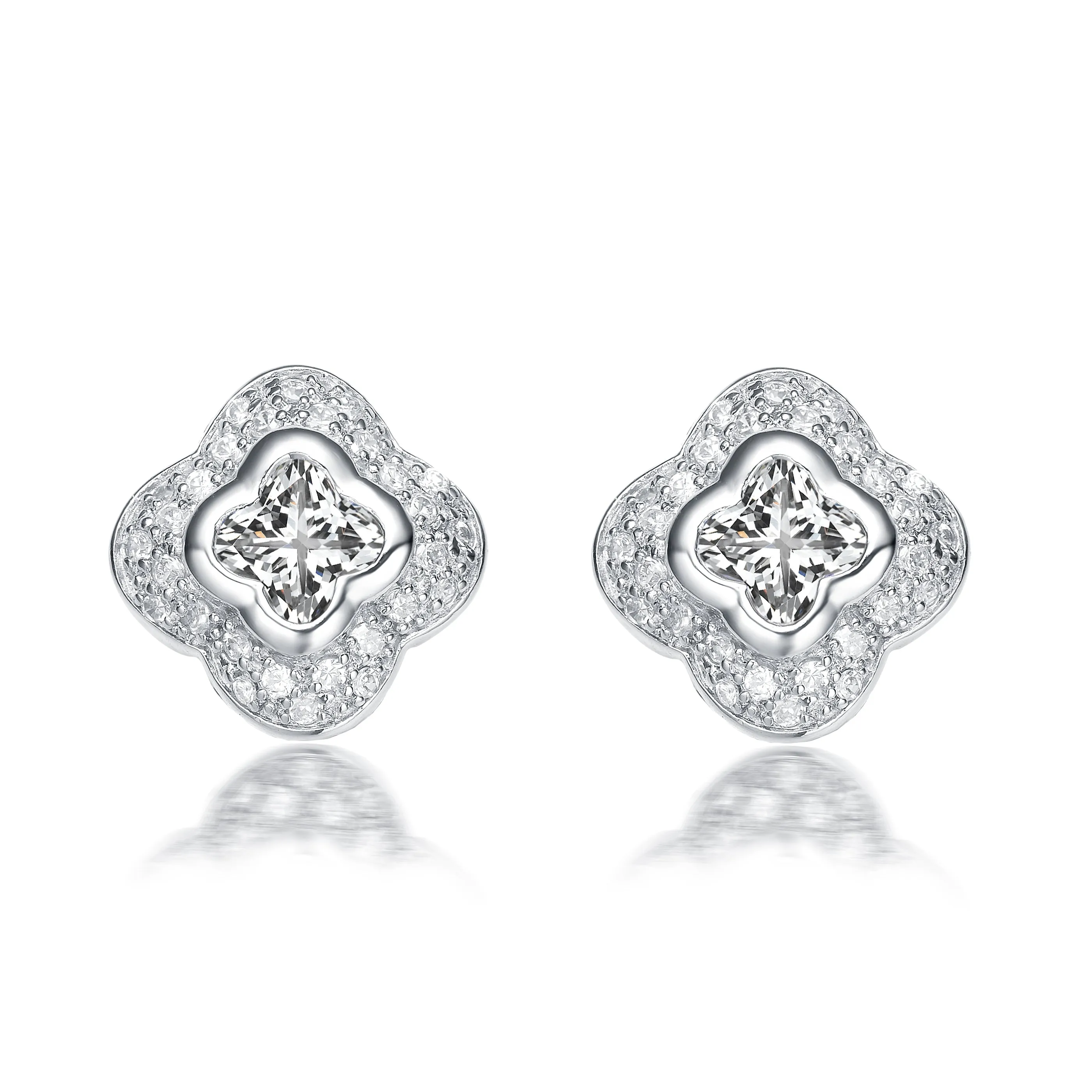 Sterling Silver Clover-Shaped Cubic Zirconia Stud Earrings