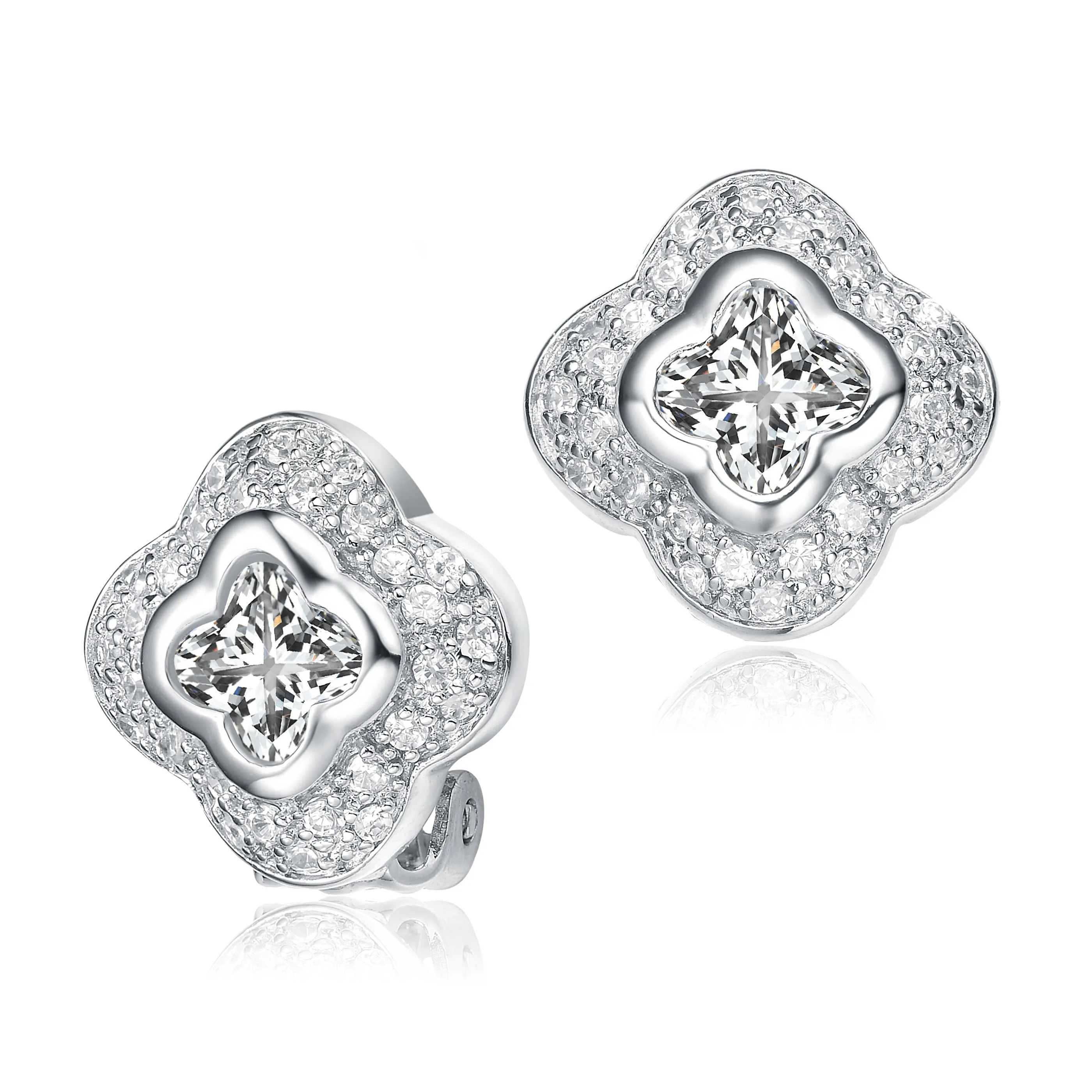 Sterling Silver Clover-Shaped Cubic Zirconia Stud Earrings