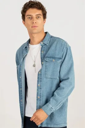 Tudors Men's Denim Double Pocket Flap Snap Fasten Blue Shirt