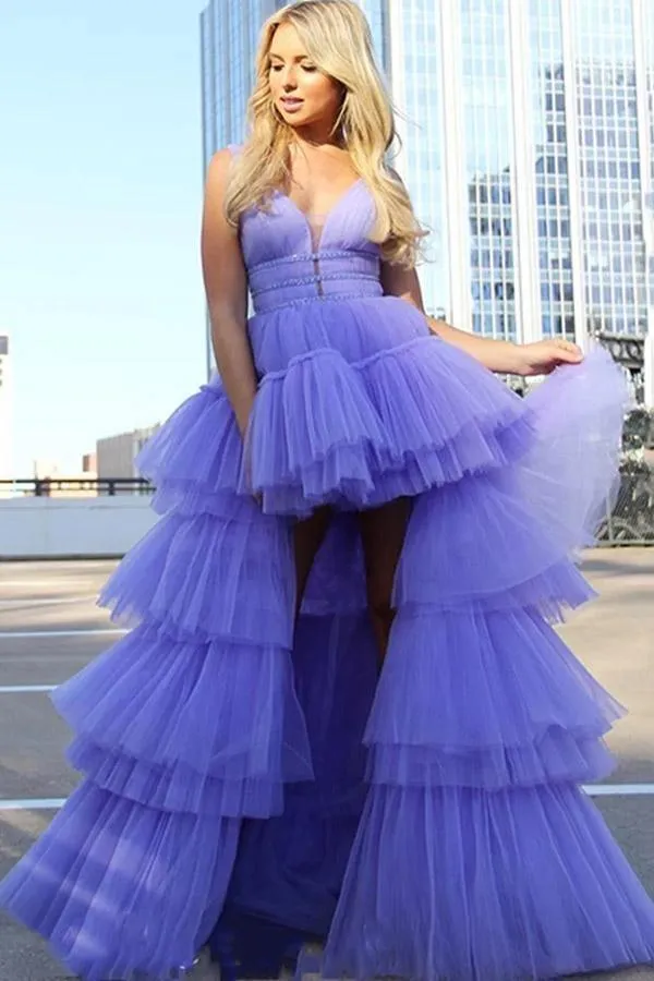 V Neck Lilac High Low Tulle Prom Dresses Formal Evening  Dresses PSK155