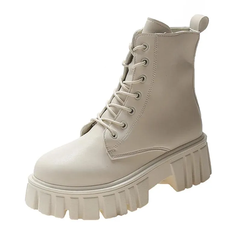 Women Black Beige Leather Fashion High Platform Combat Boots