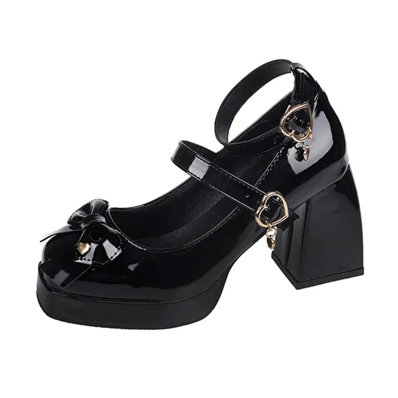 Women Heart Buckle High Heels Pumps Autumn Black Chunky Platform Lolita Heel - WSHP50073