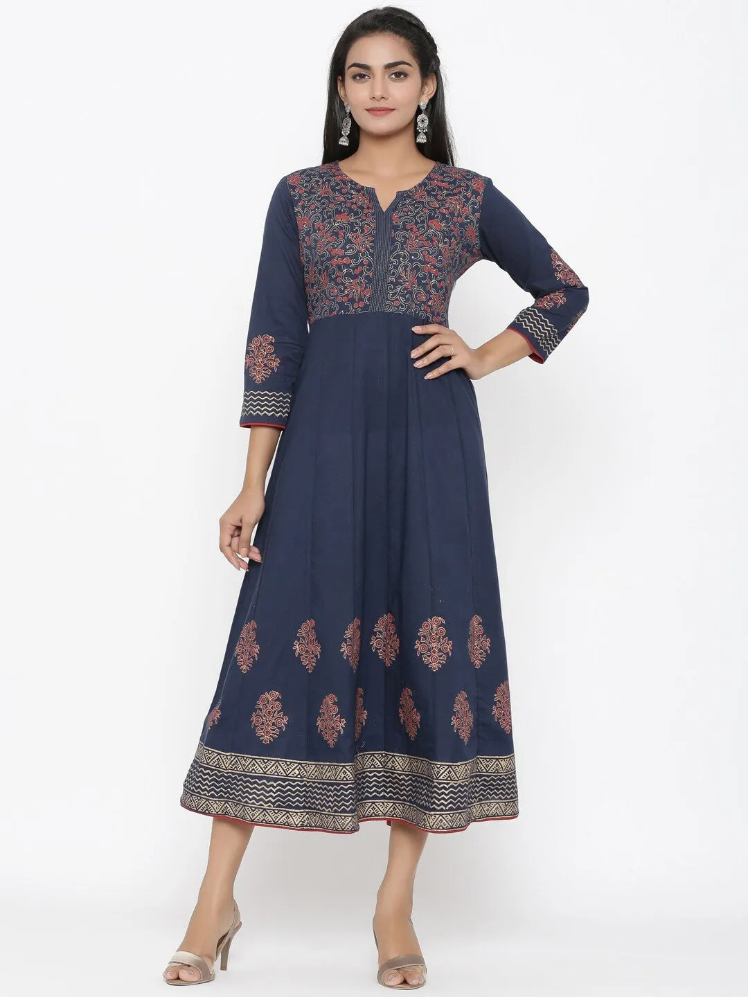 Women Navy Blue Cotton Kurta