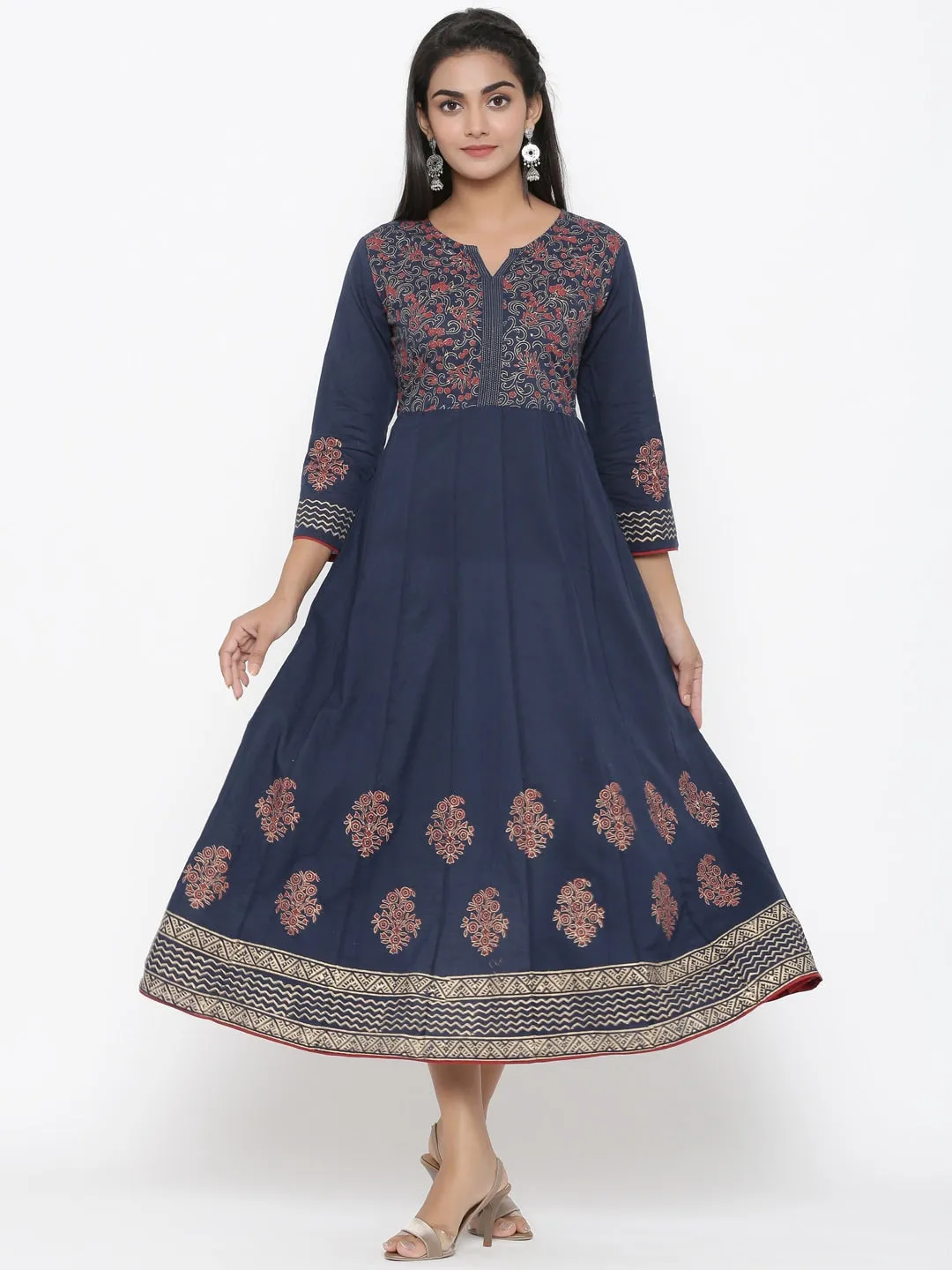 Women Navy Blue Cotton Kurta