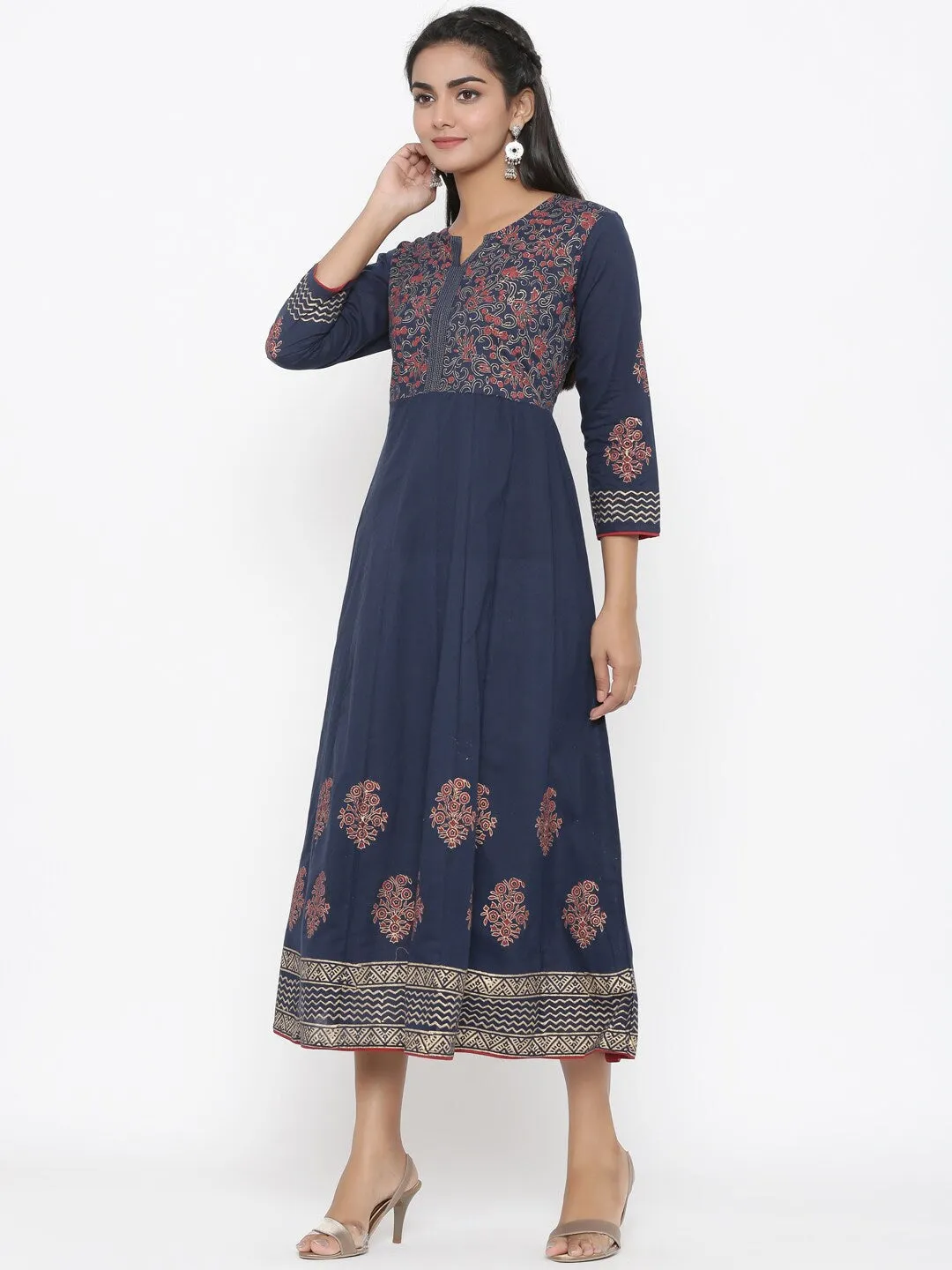 Women Navy Blue Cotton Kurta