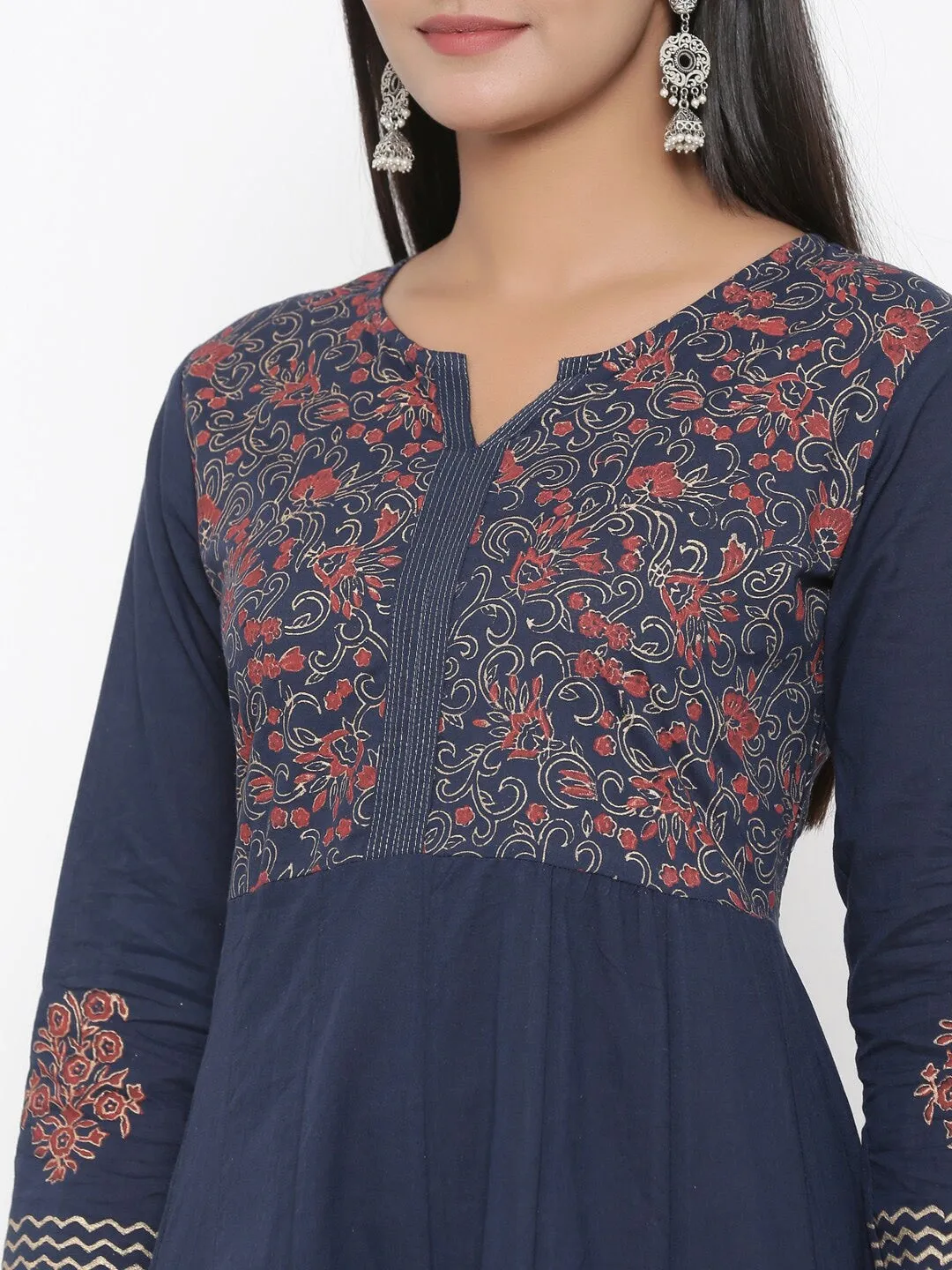 Women Navy Blue Cotton Kurta