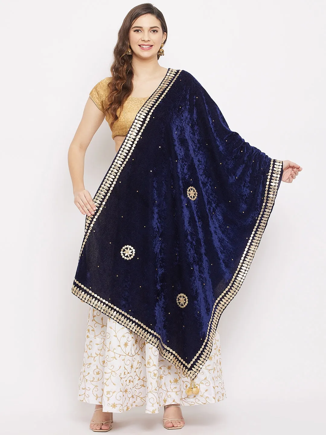 Women Navy Blue Velvet Dupatta With Gotta Patti Work