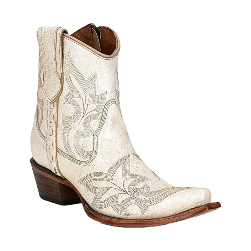 Women's L5916 Embroidery & Zipper Snip Toe Ankle Boots Pearl