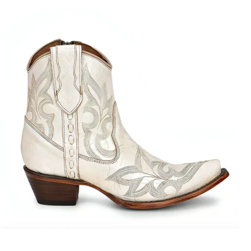 Women's L5916 Embroidery & Zipper Snip Toe Ankle Boots Pearl